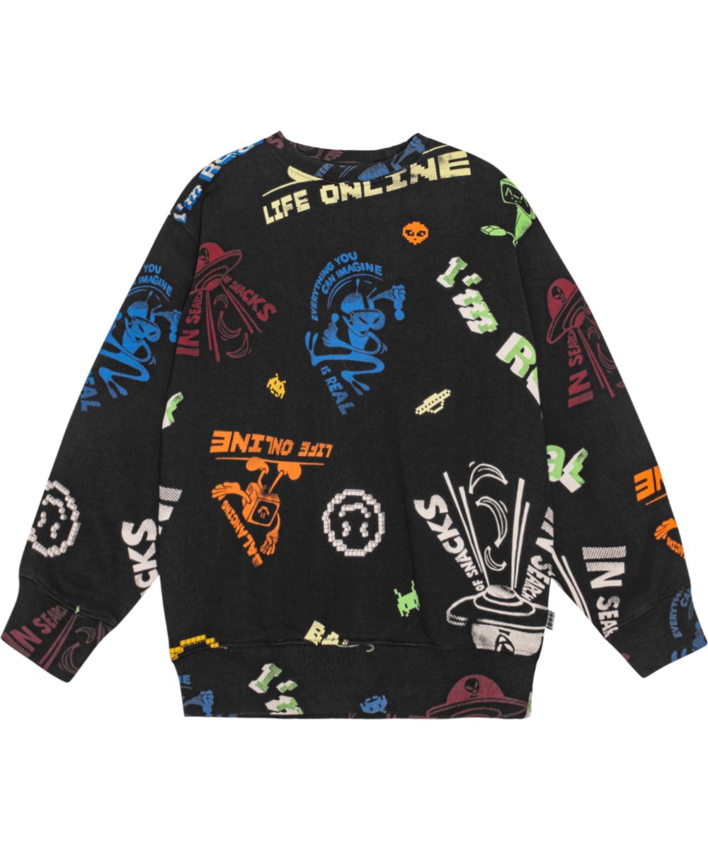 Monti - Cartooniverse - Schwarzes Sweatshirt mit lockerer Passform und Comic-Druck.