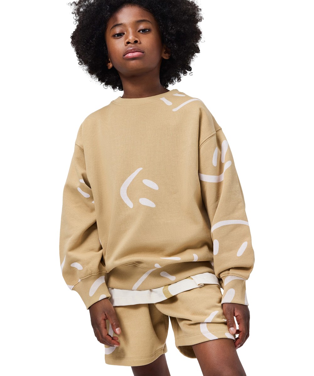Monti - Desert Smiles - Beiger Kinderpullover aus Öko-Baumwolle mit Aufdruck