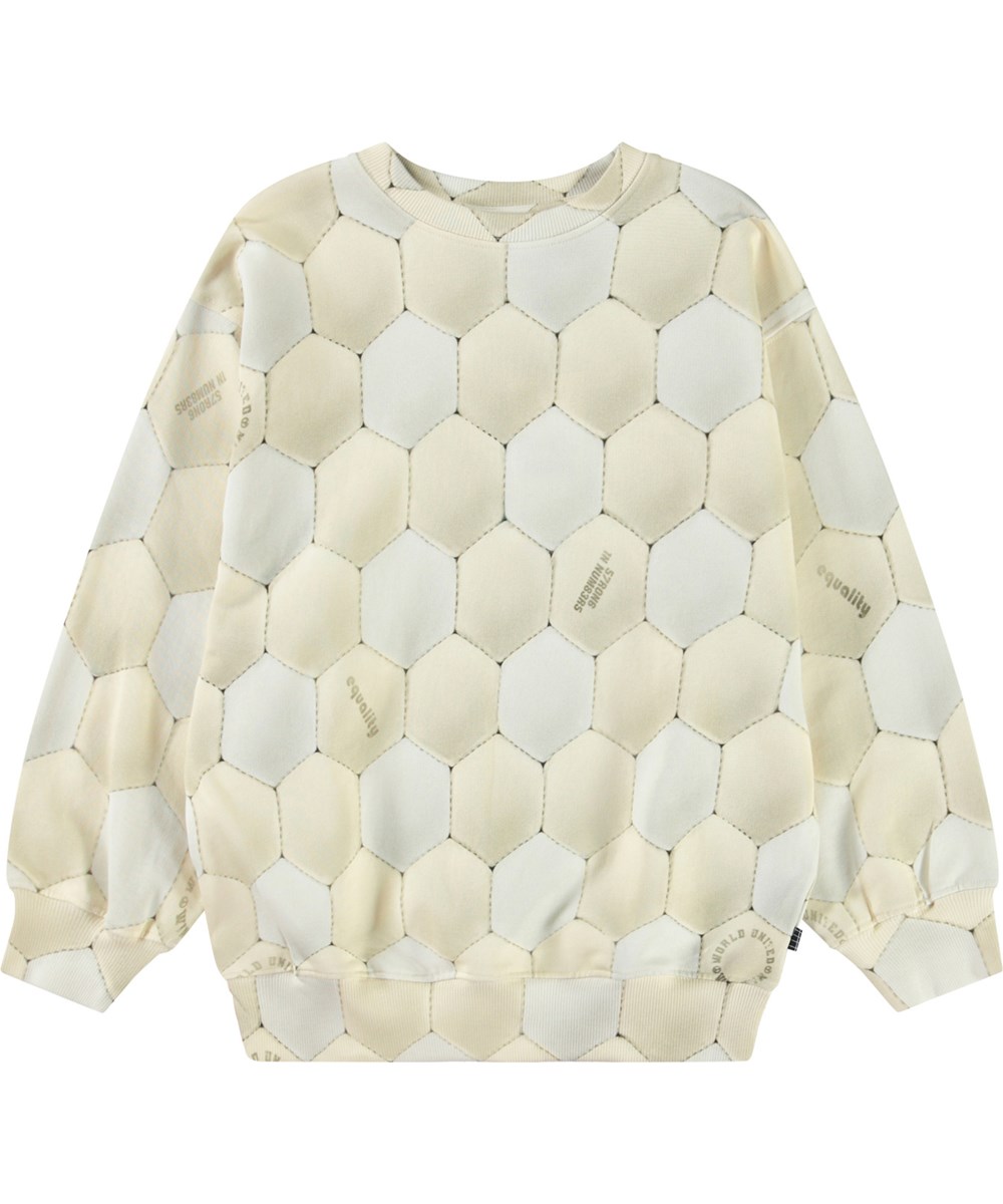 Monti - Football Calm - Beige und hellgraues Sweatshirt mit Druck für Kinder aus weicher Öko-Baumwolle mit gerippten Kanten am Hals, an den Ärmeln und am unteren Saum des Sweatshirts.