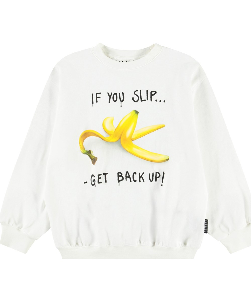 Monti - If You Slip___ - Weißer Pullover mit Druck für Kinder aus weicher, organischer Baumwolle mit gerippten Kanten am Hals, an den Ärmeln und am unteren Saum des Pullovers.