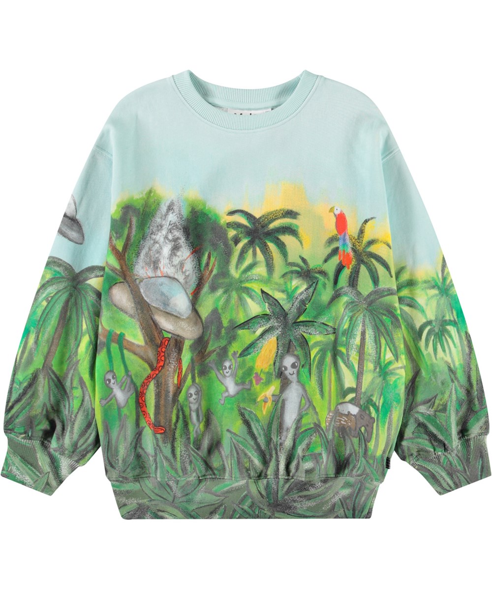 Monti - Jungle Visitors - Hellblaues Sweatshirt mit Druck für Kinder aus weicher, organischer Baumwolle mit gerippten Kanten am Hals, an den Ärmeln und am unteren Saum des Sweatshirts.