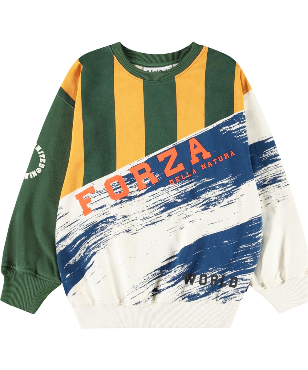 Monti - Mash Up - Buntes Sweatshirt mit Druck für Kinder aus weicher, organischer Baumwolle mit gerippten Kanten am Hals, an den Ärmeln und am unteren Saum des Sweatshirts.