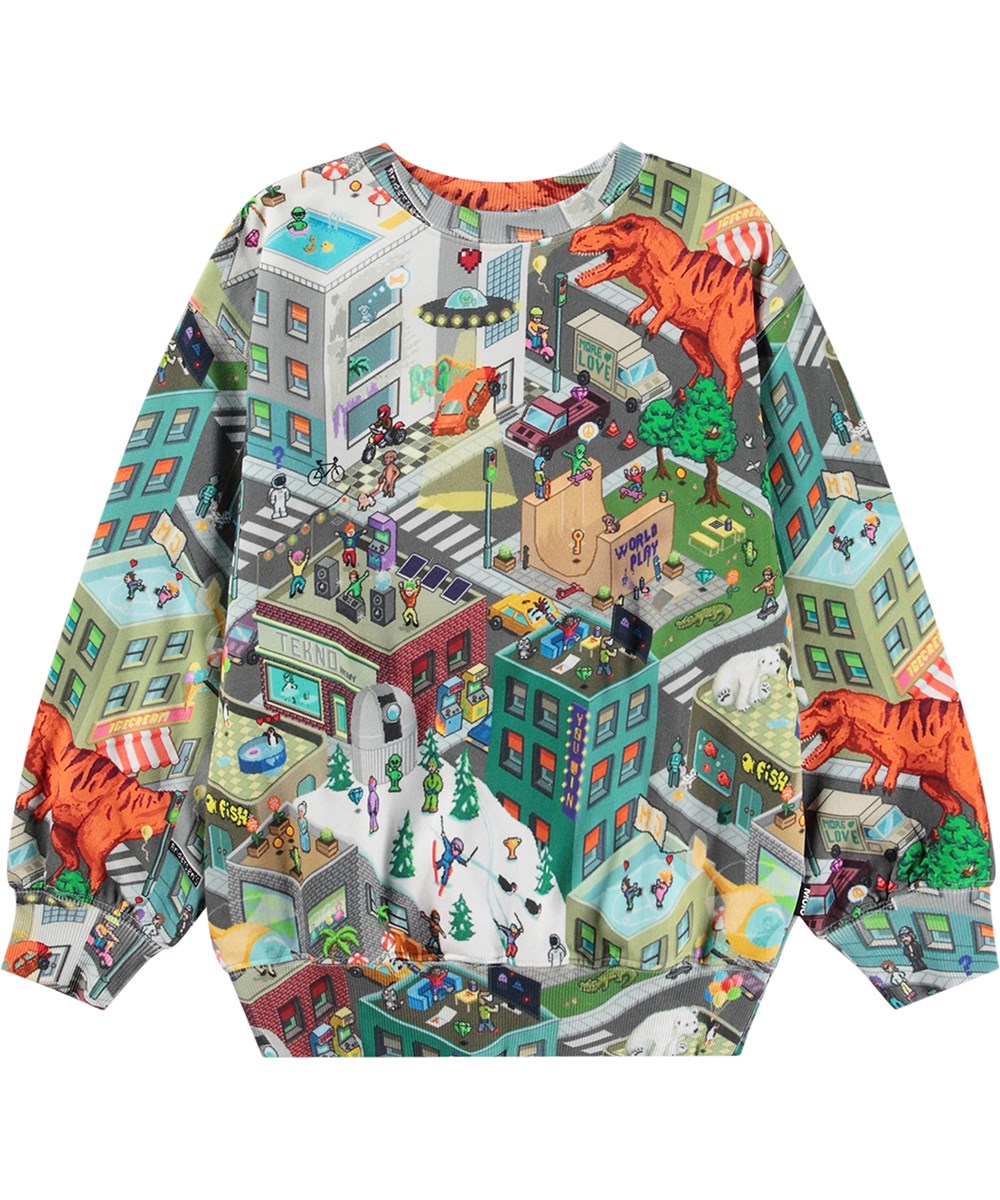 Monti - Pixelhagen - Bunt bedrucktes Öko-Baumwoll-Sweatshirt mit nostalgischem Arcade-Computerspiel-Grafikprint.