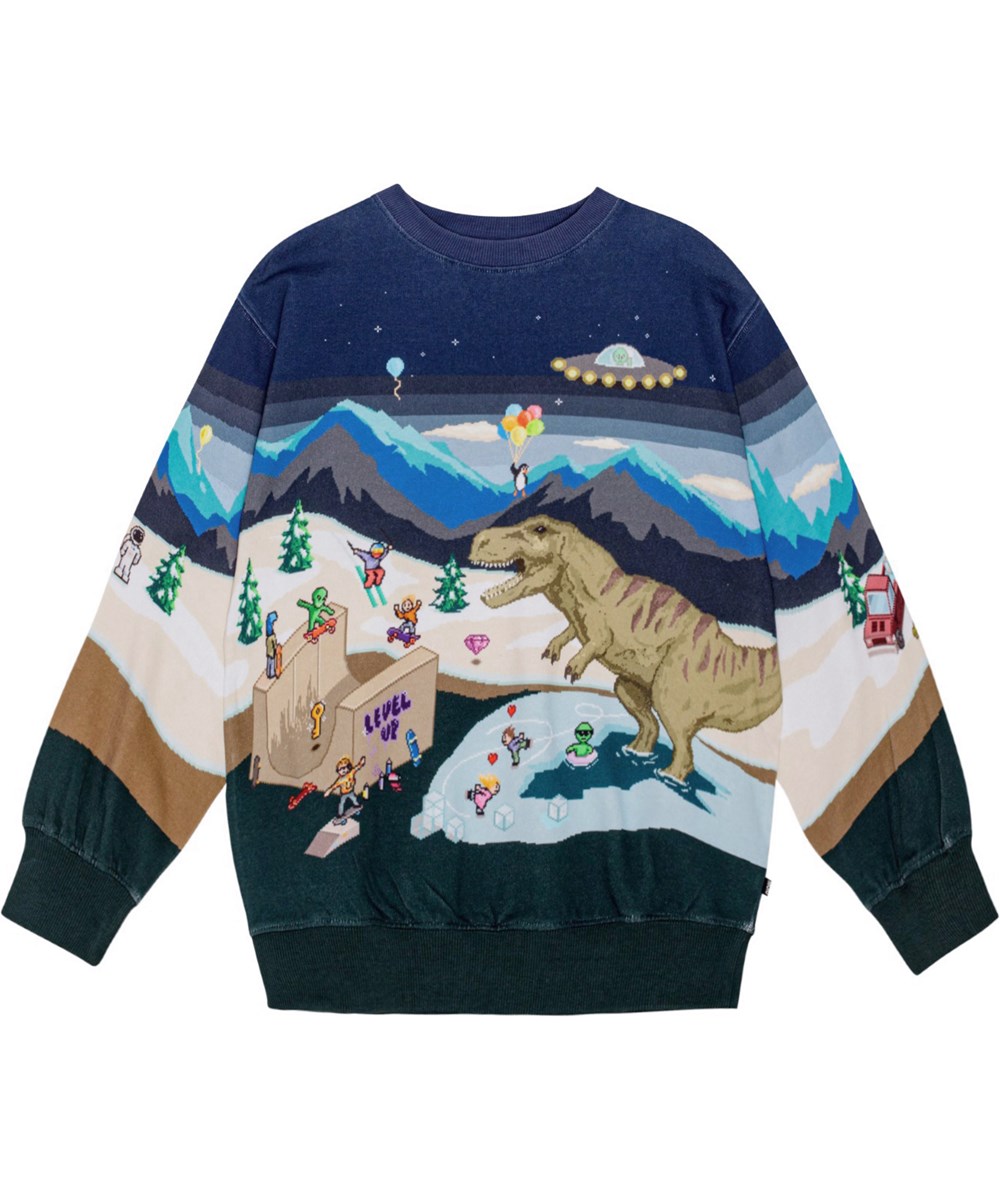 Monti - Pixelscape - Bunt gemustertes Sweatshirt mit lockerer Passform und Arcade-Druck.