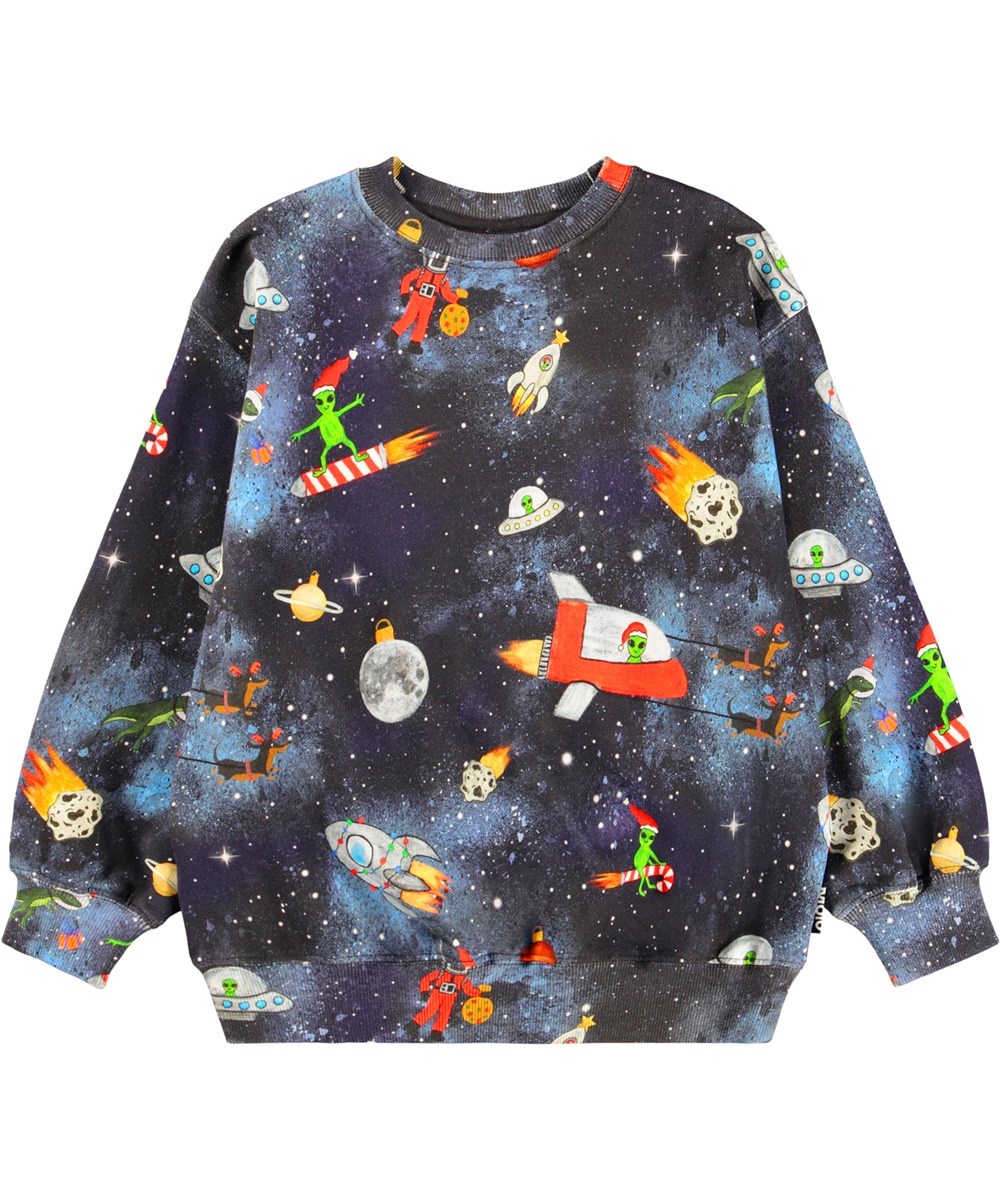 Monti - Space Holiday - Blauer Pullover für Kinder aus weicher Öko-Baumwolle mit einem Druck von Weihnachten im Weltraum.