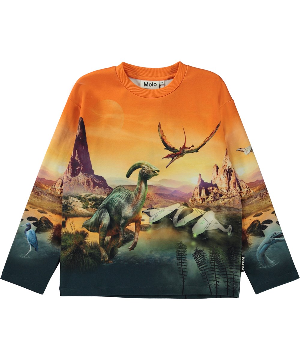 Mountoo - Dino Planet - Orangefarbenes Öko-Sweatshirt mit Placement-Dino-Print