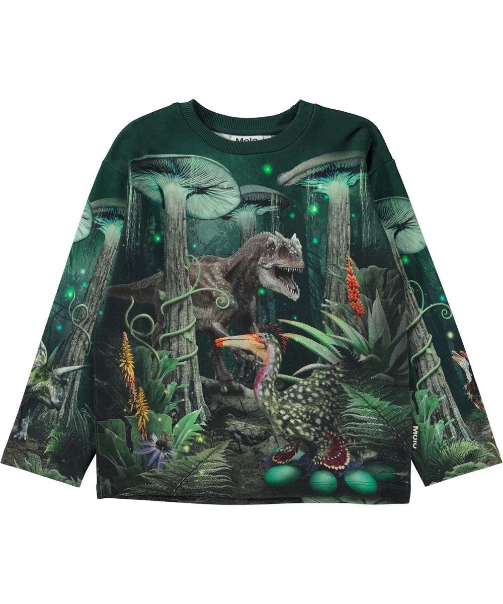 Mountoo - Night Forest - Grünes Öko-Sweatshirt mit Placement-Dino-Print