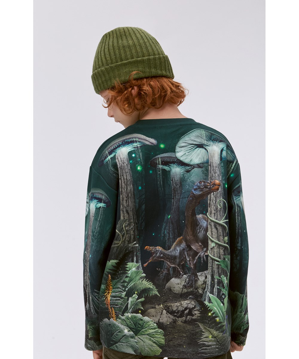 Mountoo - Night Forest - Grünes Öko-Sweatshirt mit Placement-Dino-Print