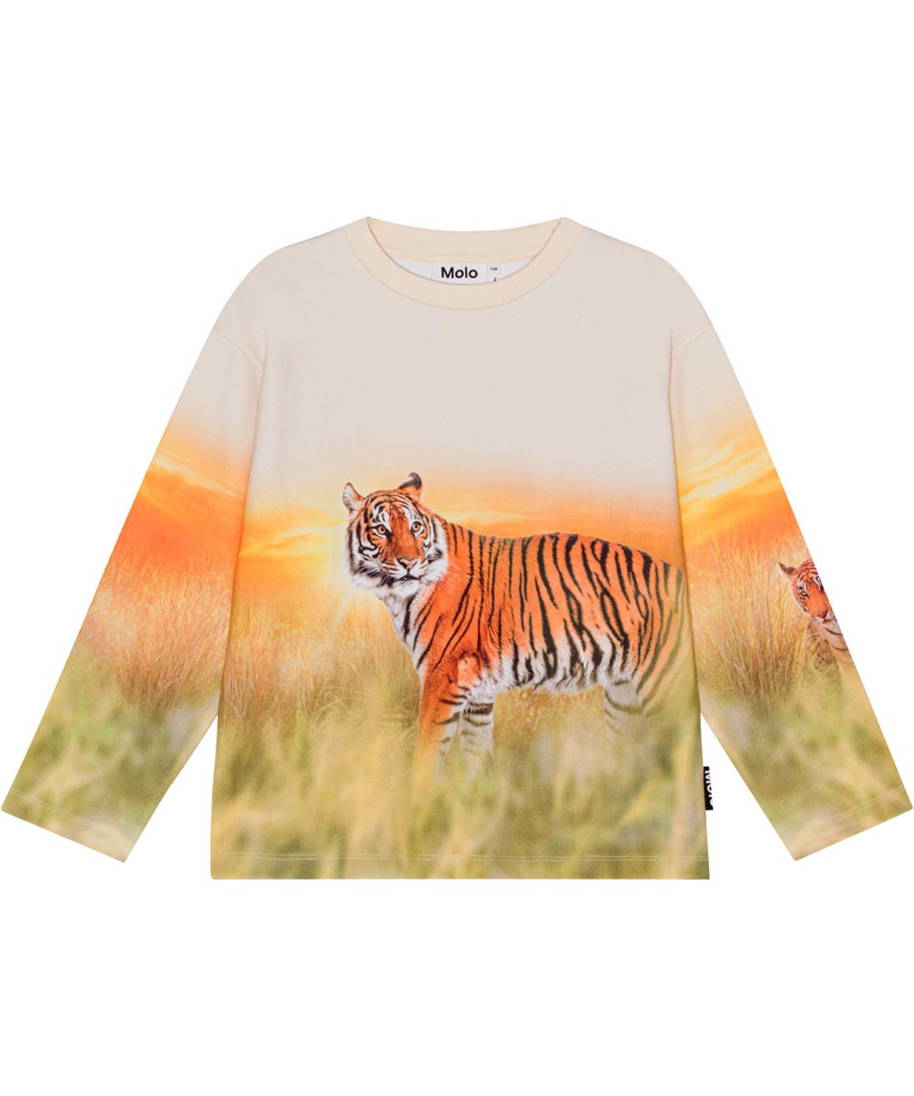 Mountoo - Sunrise Tiger - Orangefarbenes Öko-Sweatshirt mit platziertem Tiger-Print