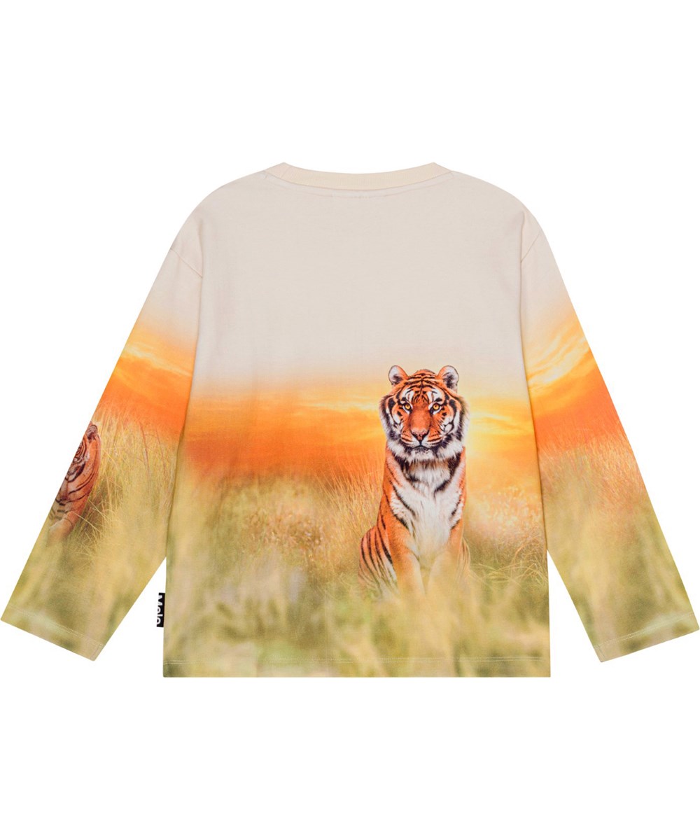 Mountoo - Sunrise Tiger - Orangefarbenes Öko-Sweatshirt mit platziertem Tiger-Print