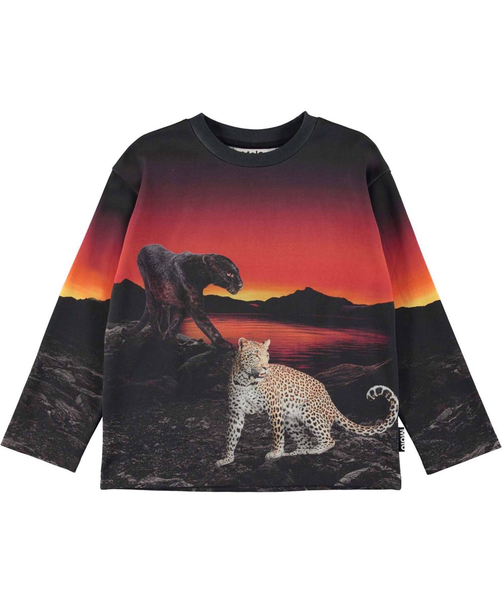 Mountoo - Wild Lake - Pullover mit Druck von Panther-Leoparden bei Sonnenuntergang am See
