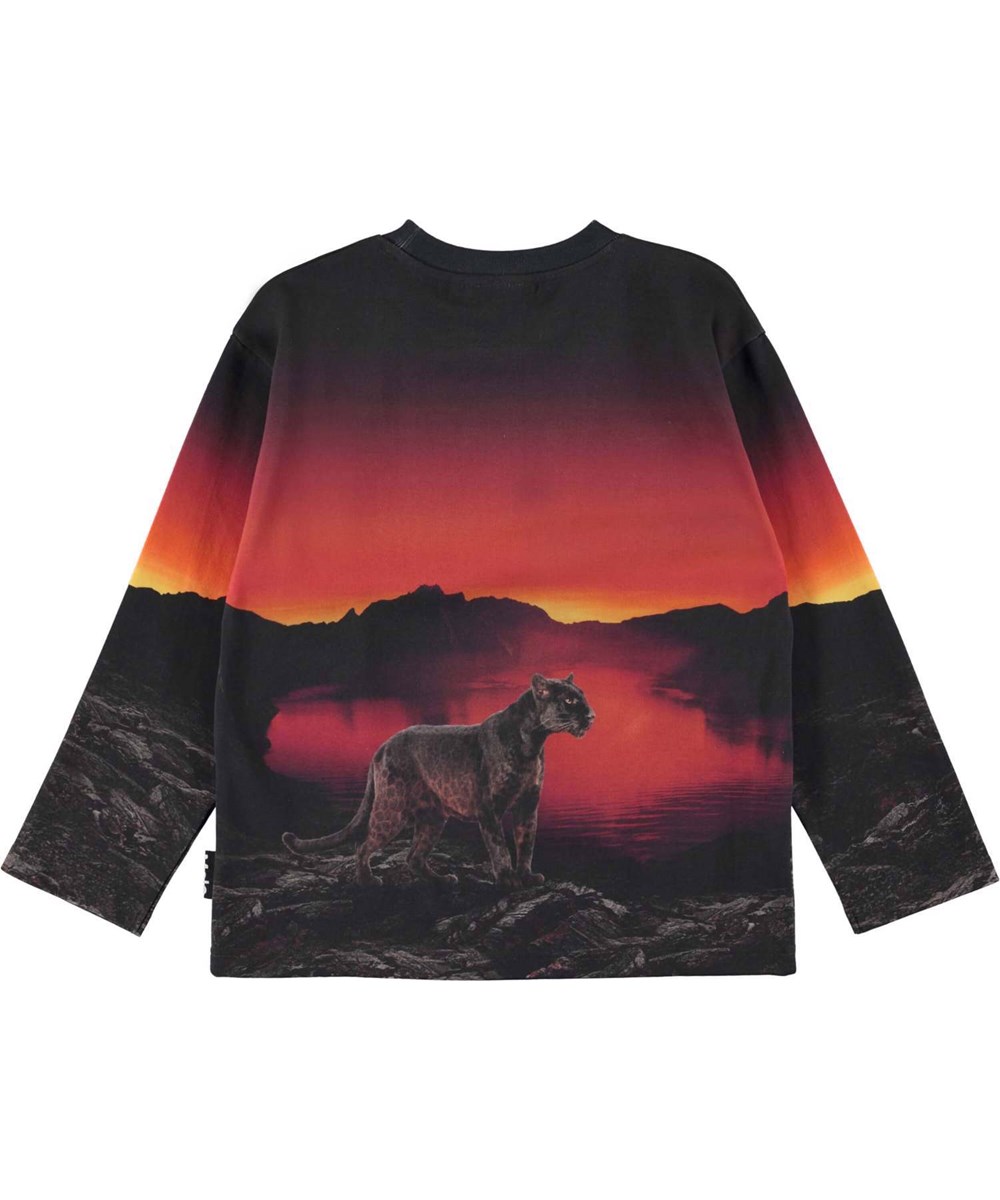 Mountoo - Wild Lake - Pullover mit Druck von Panther-Leoparden bei Sonnenuntergang am See