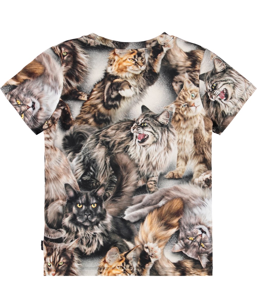 Ralphie - Cattitudes - Schmal geschnittenes T-Shirt für Kinder aus weicher Öko-Baumwolle mit Katzenmotiv, kurzen Ärmeln und geripptem Ausschnitt.