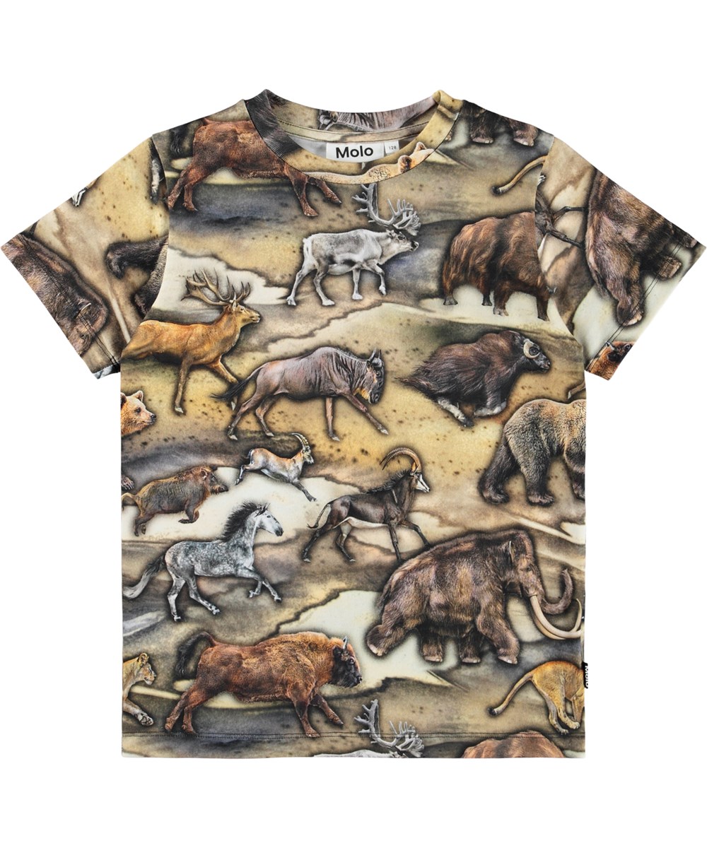 Ralphie - Cave Animals - T-Shirt für Kinder aus weicher Öko-Baumwolle mit Druck, kurzen Ärmeln und geripptem Ausschnitt.