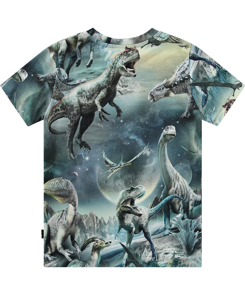 Ralphie - Dinoverse - Blaues T-Shirt aus Öko-Baumwolle mit kurzen Ärmeln und Dinosaurier-Print.