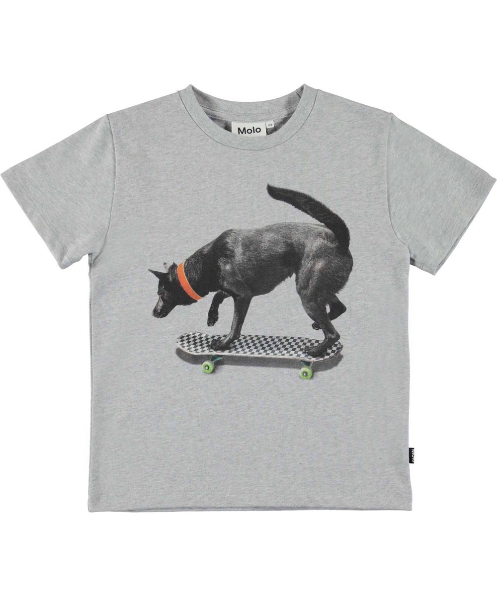 Rame - Black Dog Skate - Graues T-Shirt mit Hund auf Skateboard-Print.