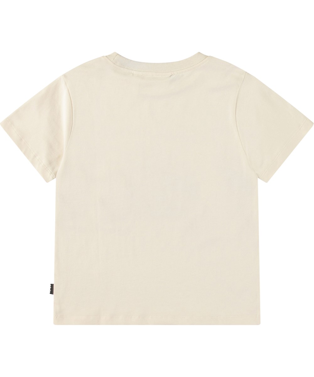 Rame - Don't Hurry - Off-weißes T-Shirt mit Druck für Kinder aus weicher Öko-Baumwolle mit geripptem Ausschnitt.