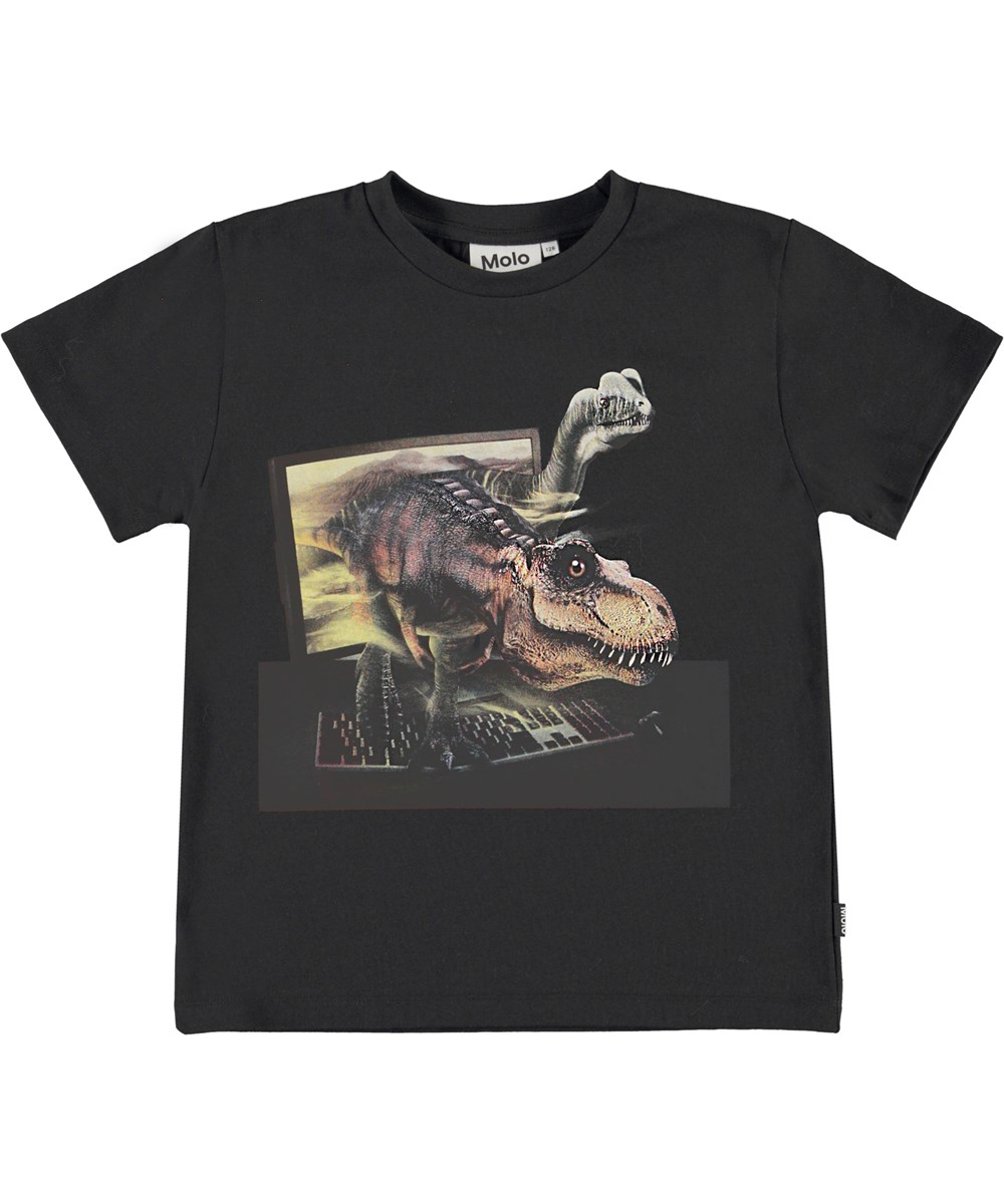 Rame - Hello Dino - Schwarzes T-Shirt mit Computer-Dinosaurier-Print.