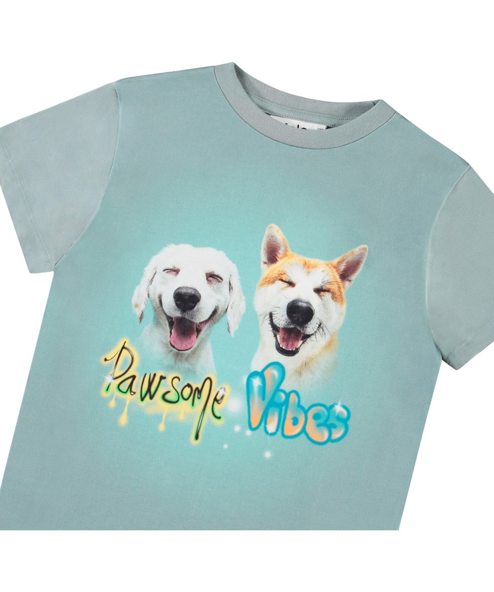Rame - Pawsome Vibes - Blaues T-Shirt mit Aufdruck für Kinder aus weicher Öko-Baumwolle mit geripptem Ausschnitt.