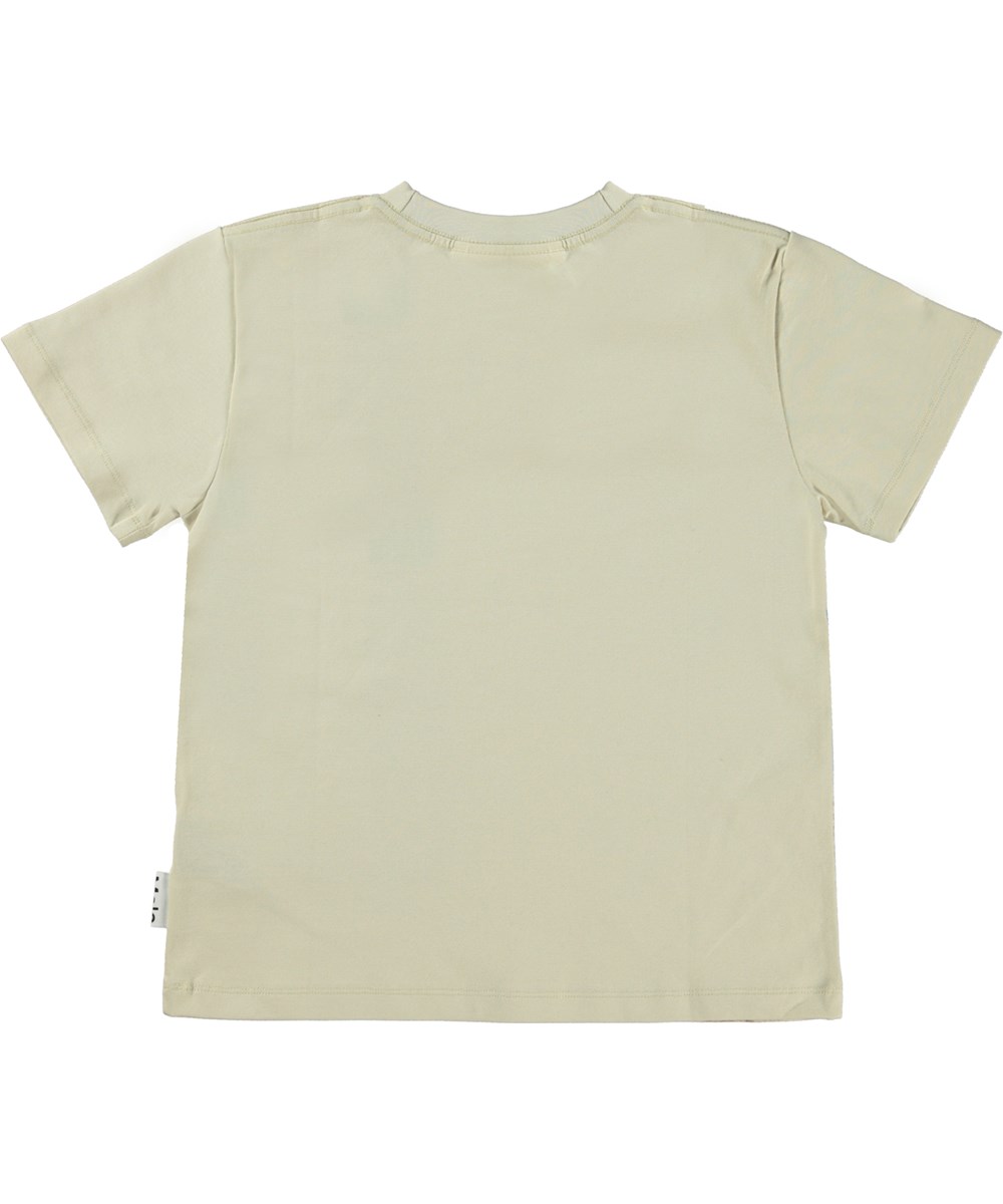 Rame - Surfboard Smile - Sandfarbenes Öko-T-Shirt mit Strand und Surfbrettern