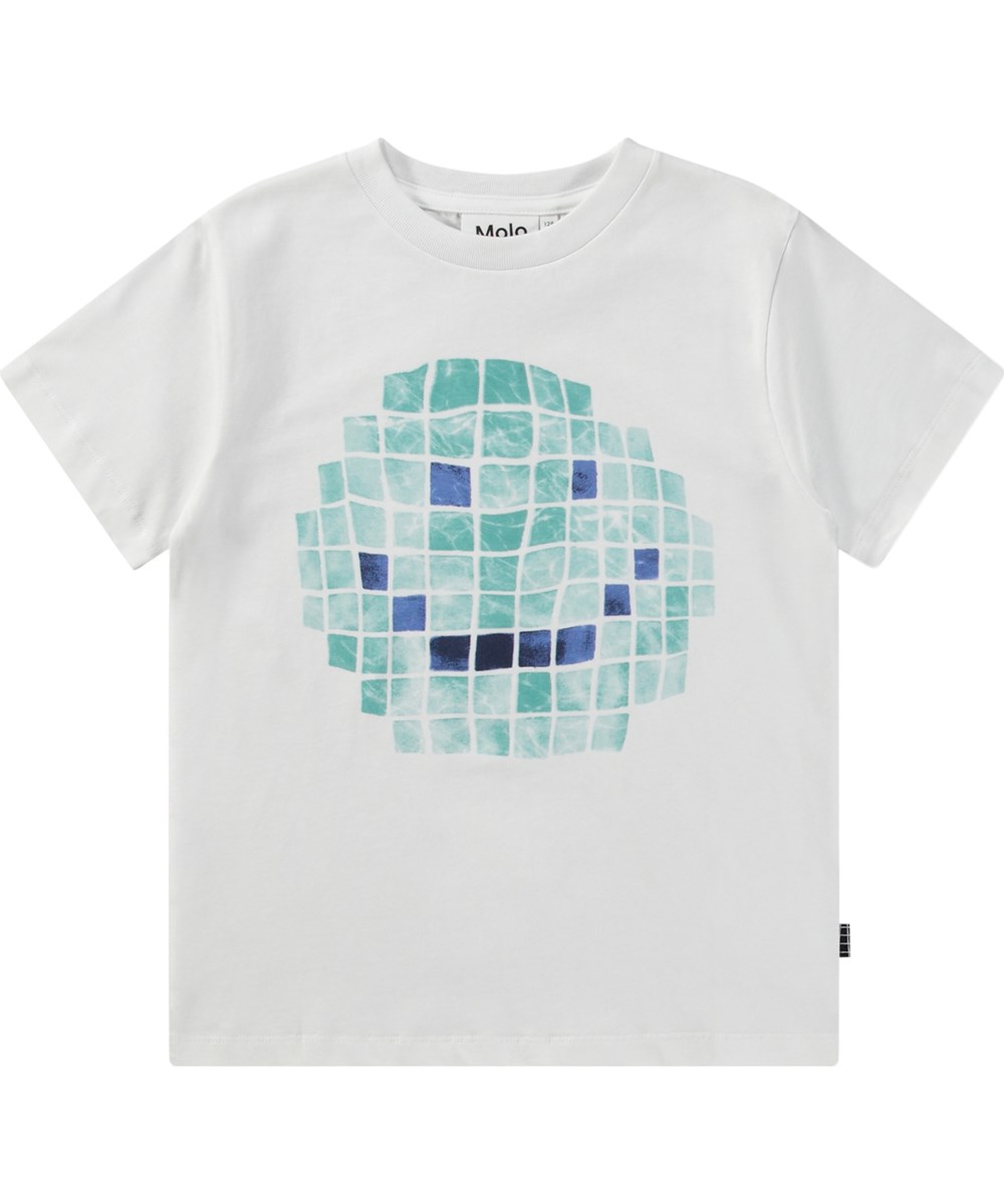 Rame - Tile Happy - Weißes T-Shirt für Kinder aus Öko-Baumwolle mit kurzen Ärmeln und geripptem Ausschnitt.