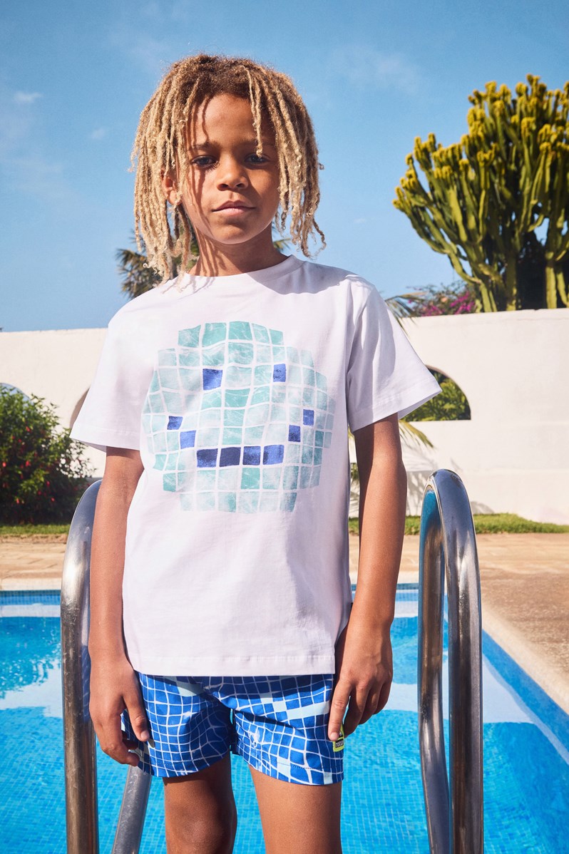 Rame - Tile Happy - Weißes T-Shirt für Kinder aus Öko-Baumwolle mit kurzen Ärmeln und geripptem Ausschnitt.