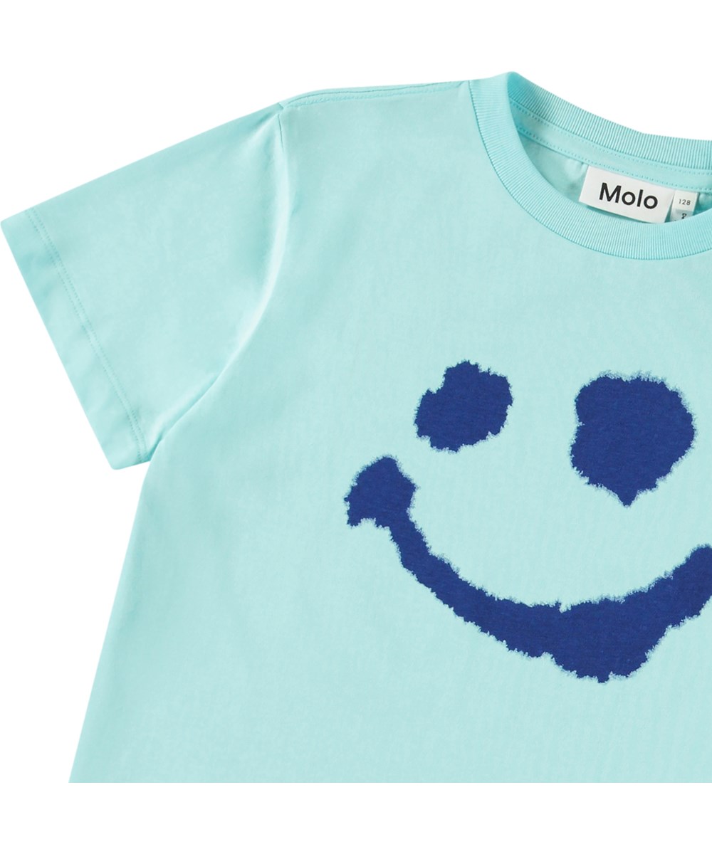 Rame - Water Smile Blue - Blaues T-Shirt für Kinder aus Öko-Baumwolle mit kurzen Ärmeln und geripptem Ausschnitt.