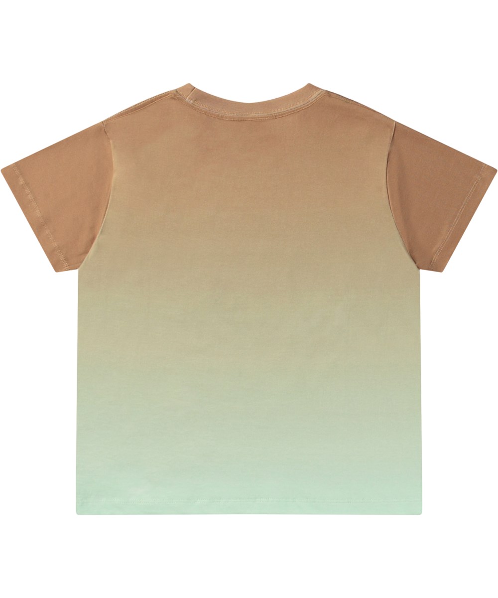 Rame - Waves - Braunes und hellgrünes T-Shirt für Kinder aus Öko-Baumwolle mit kurzen Ärmeln und geripptem Ausschnitt.