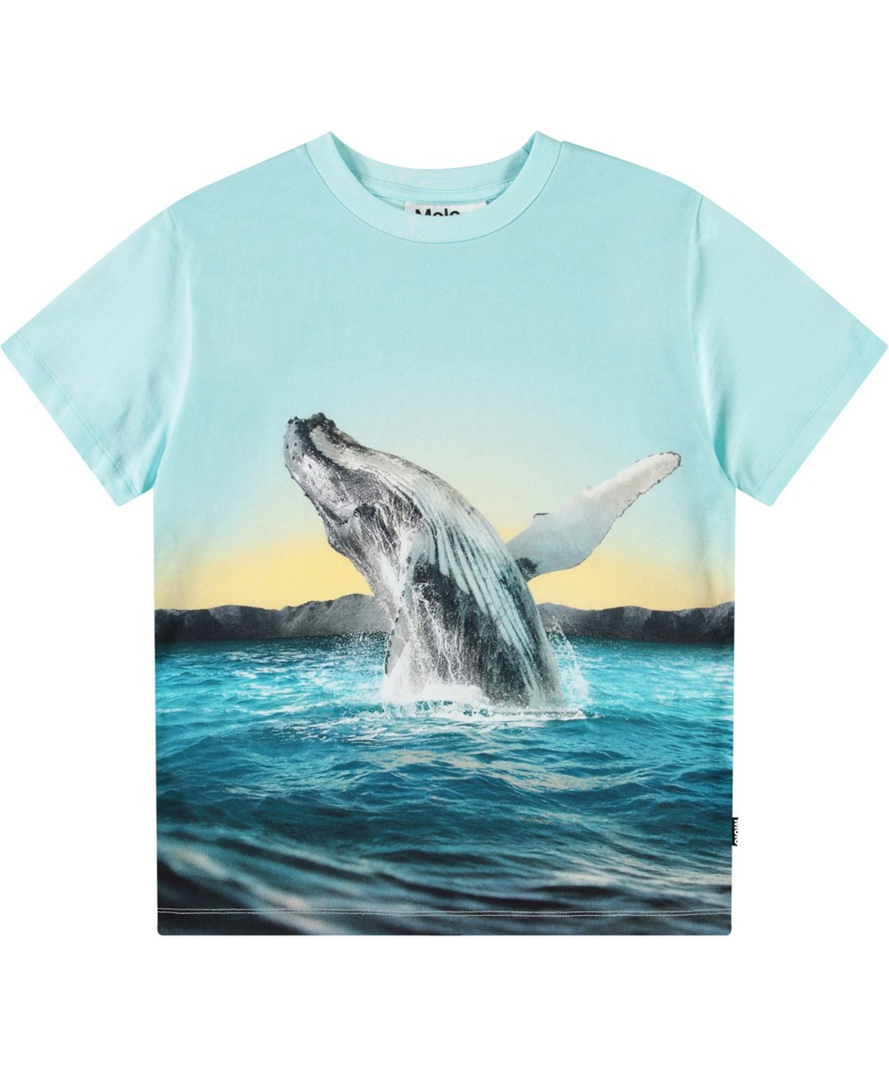 Rame - Whale Jump - Hellblaues T-Shirt mit Aufdruck für Kinder aus weicher Öko-Baumwolle mit geripptem Ausschnitt.