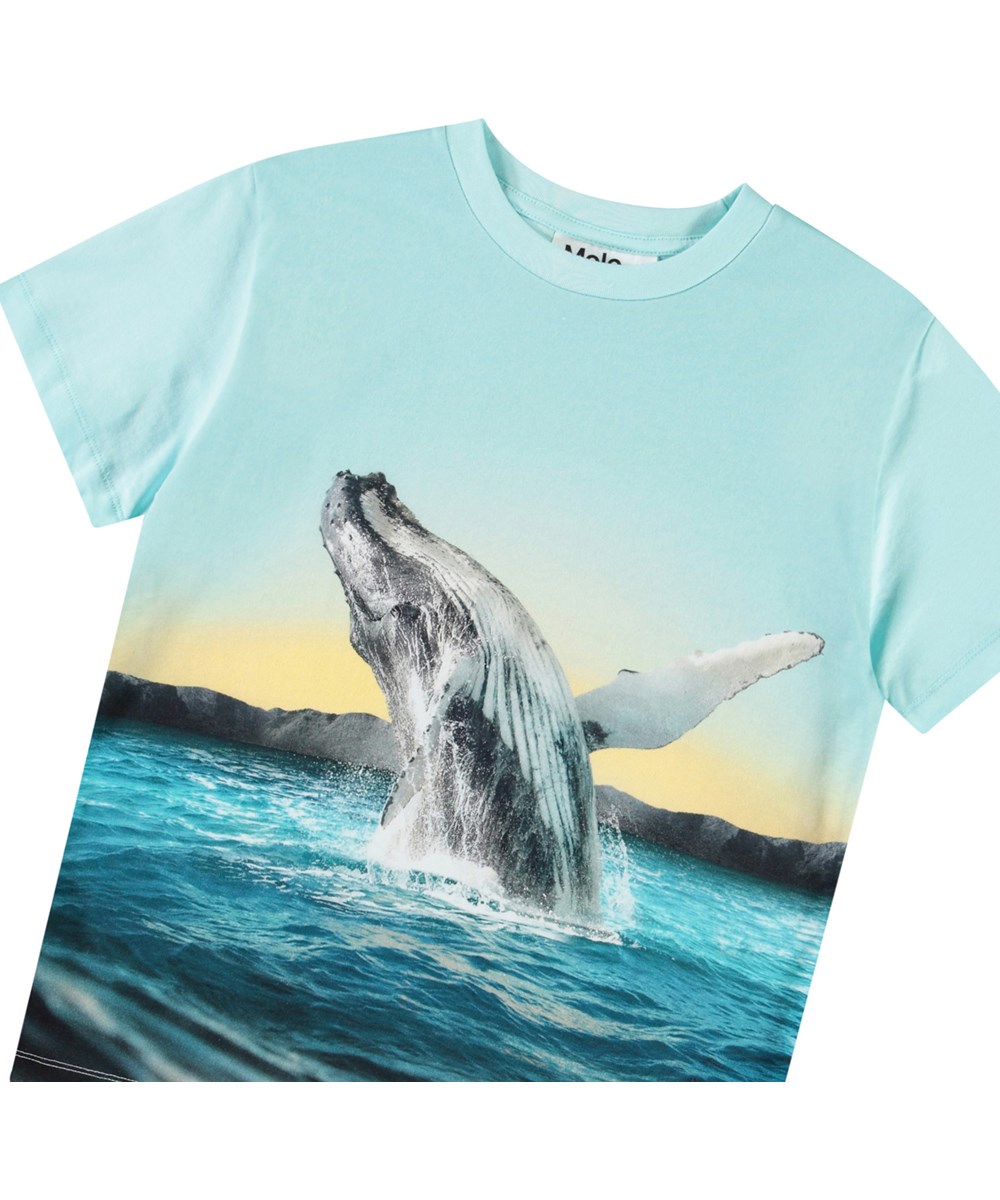 Rame - Whale Jump - Hellblaues T-Shirt mit Aufdruck für Kinder aus weicher Öko-Baumwolle mit geripptem Ausschnitt.