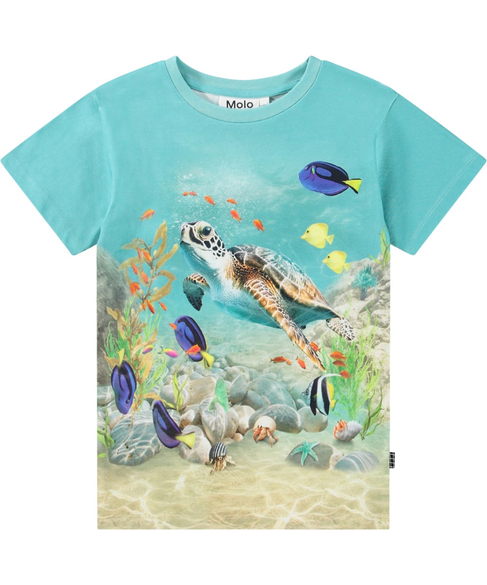 Raul - Happy Ocean - Türkisfarbenes T-Shirt für Kinder aus Öko-Baumwolle mit kurzen Ärmeln und geripptem Ausschnitt.