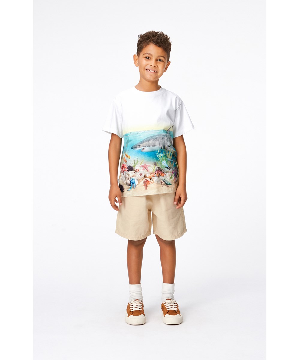 Raveno - Shore Sharks - Weißes Öko-T-Shirt mit mehrfarbigem Hai-Aufdruck