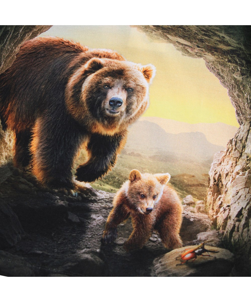 Reif - Bears In Cave - Dunkelgrünes Langarmshirt für Kinder aus weicher Öko-Baumwolle mit langen Ärmeln und einem gerippten Ausschnitt. Das Langarmshirt hat eine lockere Passform und einen Frontdruck einer Bärenmutter und ihrem Jungen in einer Höhle.