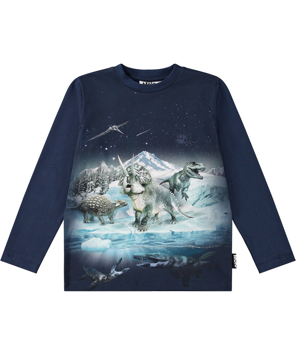 Reif - Dino Night - Dunkelblaue Öko-Baumwollbluse mit einem platzierten Druck von Dino-Freunden im Schnee.