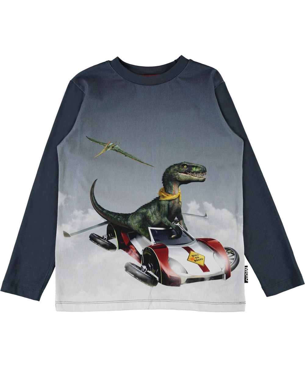 Reif - Dino On Board - Öko blauer Pullover mit Dinosaurier und fliegendem Auto