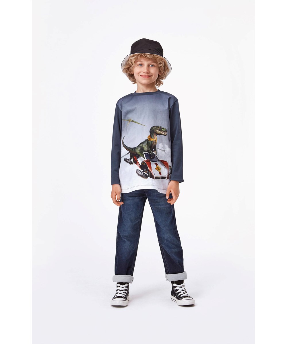 Reif - Dino On Board - Öko blauer Pullover mit Dinosaurier und fliegendem Auto