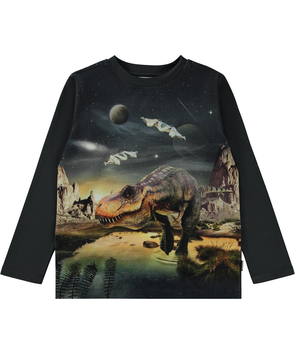 Reif - T-Rex Planet - Schwarzes Öko Langarm T-Shirt mit Dino und Weltraum Print