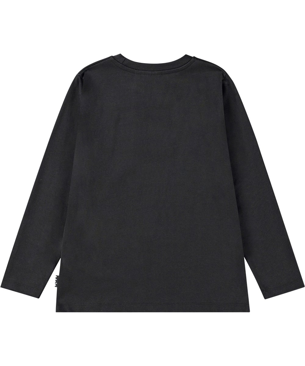 Reif - Virtual Setting - Langärmelige schwarze Bluse aus Öko-Baumwolle mit bedrucktem Roboter-Dinosaurier-Design.