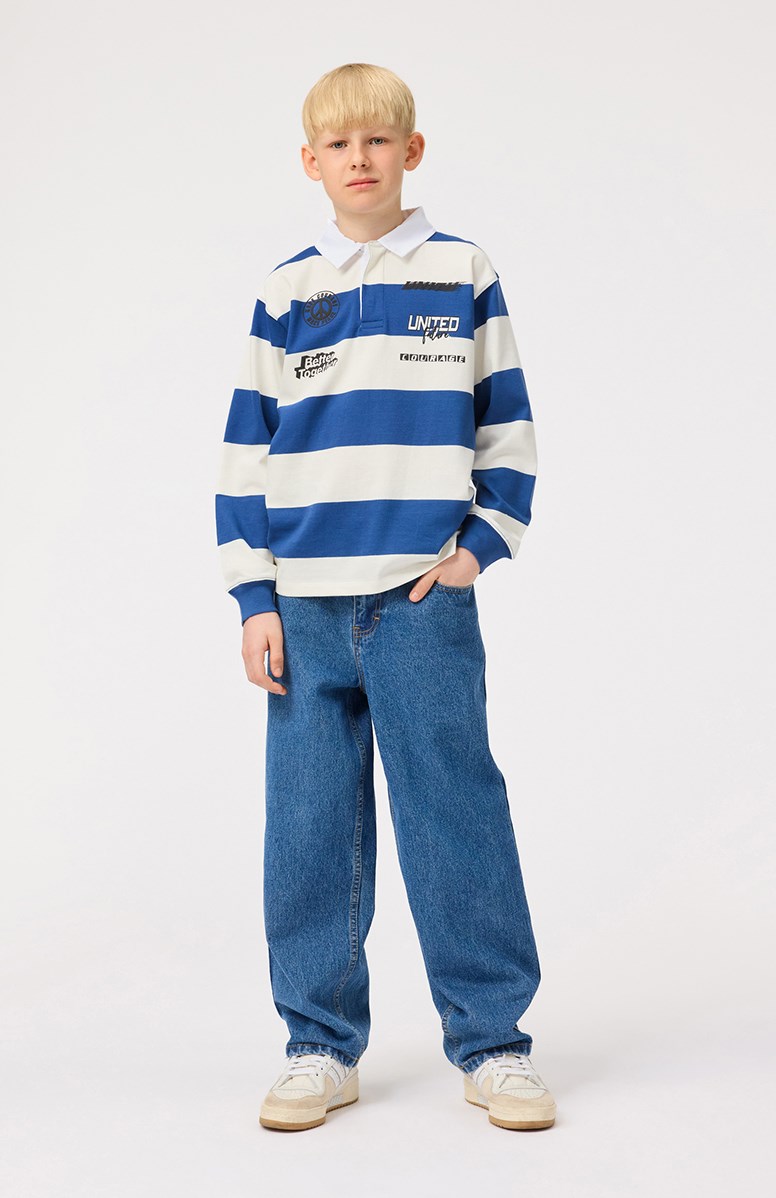 Relz - Blue Noise - Breit gestreiftes blaues und weißes Rugby-Shirt für Kinder aus weicher Öko-Baumwolle.