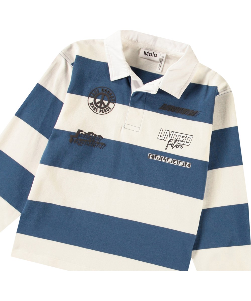 Relz - Blue Noise - Breit gestreiftes blaues und weißes Rugby-Shirt für Kinder aus weicher Öko-Baumwolle.