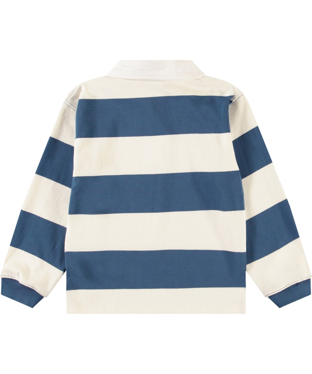 Relz - Blue Stripe - Breit gestreiftes blaues und weißes Rugby-Shirt für Kinder aus weicher Öko-Baumwolle.