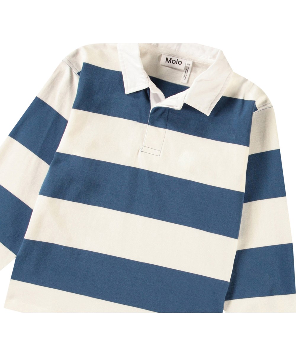 Relz - Blue Stripe - Breit gestreiftes blaues und weißes Rugby-Shirt für Kinder aus weicher Öko-Baumwolle.