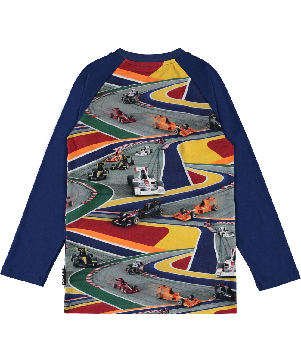 Remino - Full Speed - Blaue Öko-Bluse mit Rennwagen