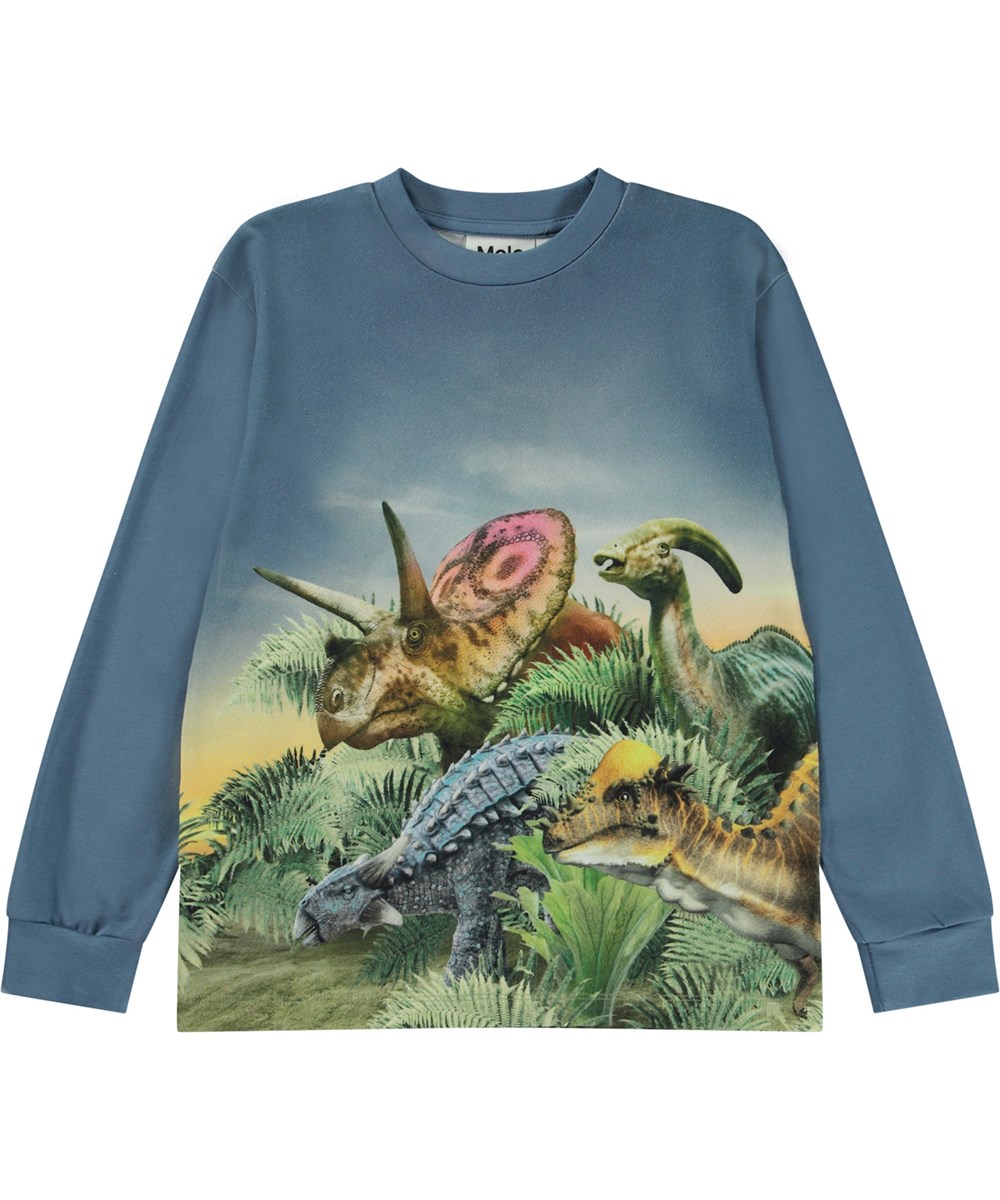 Rexton - Dino Friends - Blaues Öko-Langarm-T-Shirt mit Placement-Dino-Print