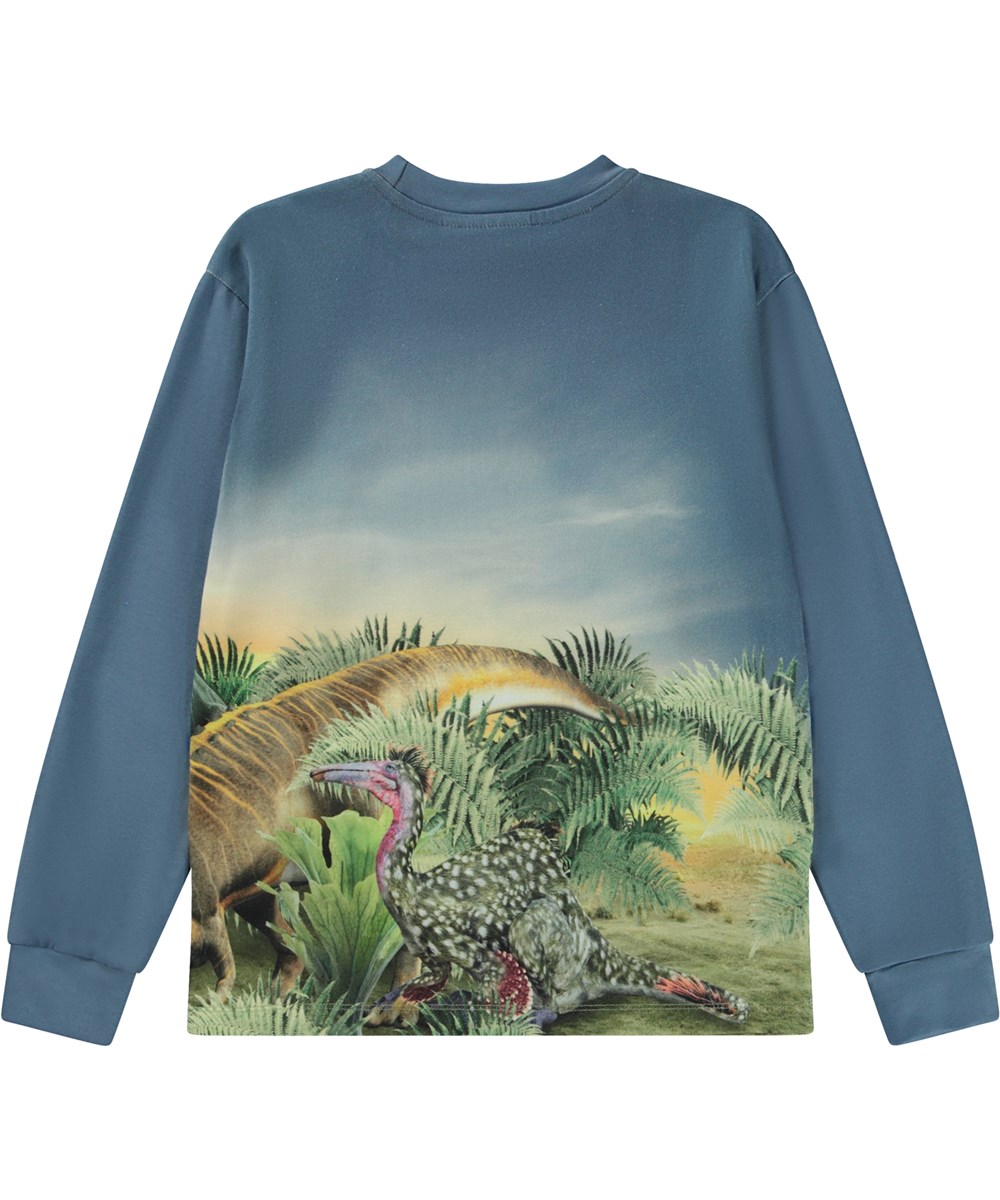 Rexton - Dino Friends - Blaues Öko-Langarm-T-Shirt mit Placement-Dino-Print