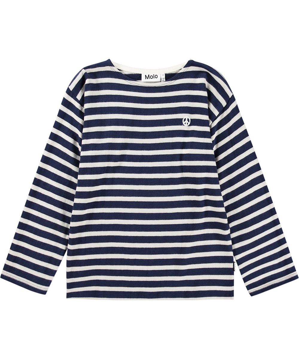 Rilder - Oceanic Stripe - Dunkelblaue und weiße gestreifte Bluse aus Öko-Baumwolle mit Friedensstickerei.