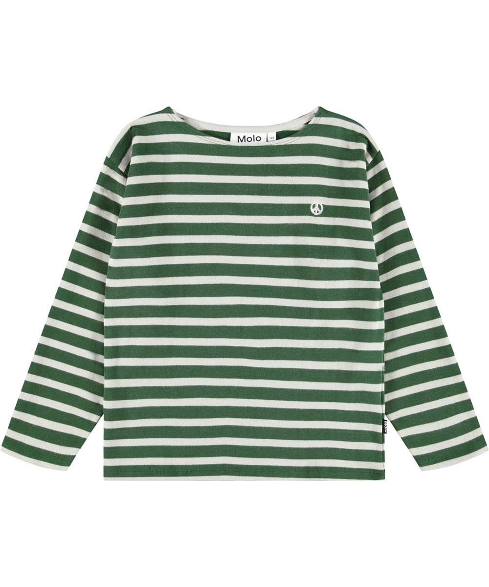 Rilder - Pine Stripe - Bretonisch gestreiftes grün-weißes Langarmshirt für Kinder aus weicher Öko-Baumwolle mit langen Ärmeln und internem Nackenband.