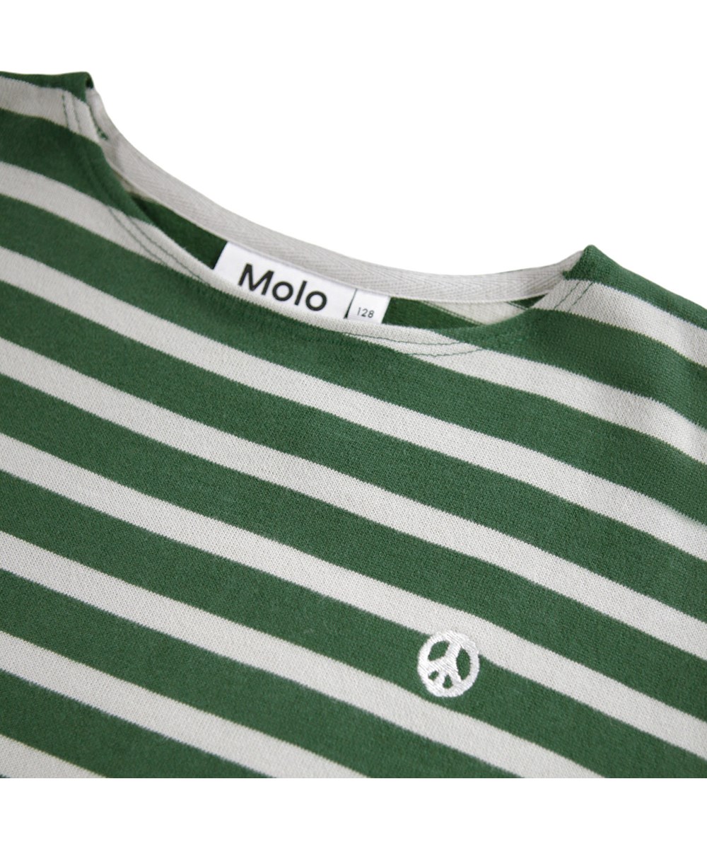 Rilder - Pine Stripe - Bretonisch gestreiftes grün-weißes Langarmshirt für Kinder aus weicher Öko-Baumwolle mit langen Ärmeln und internem Nackenband.