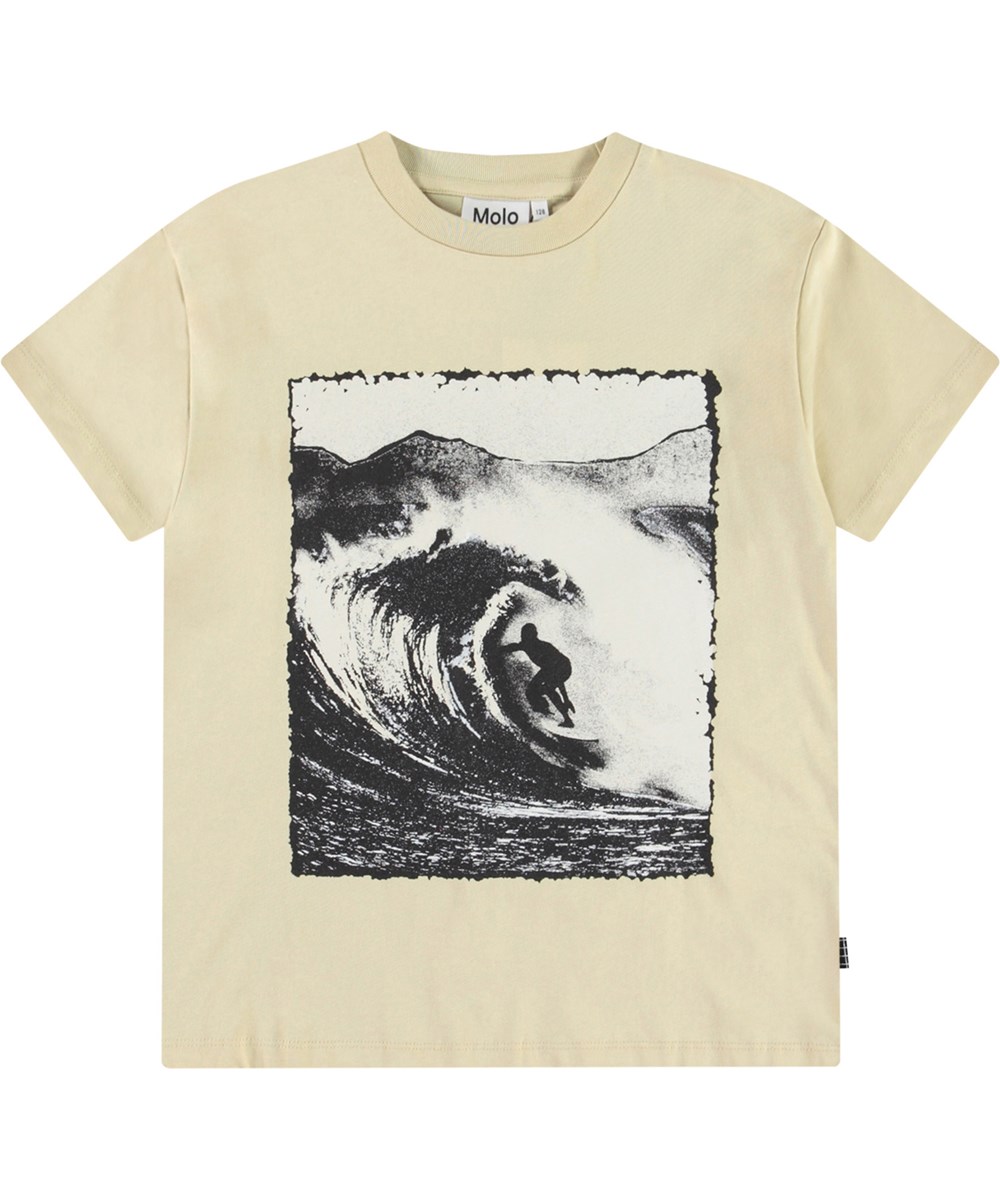 Riley - Alabaster - Beiges T-Shirt mit Aufdruck für Kinder aus weicher Öko-Baumwolle mit kurzen Ärmeln und geripptem Ausschnitt.