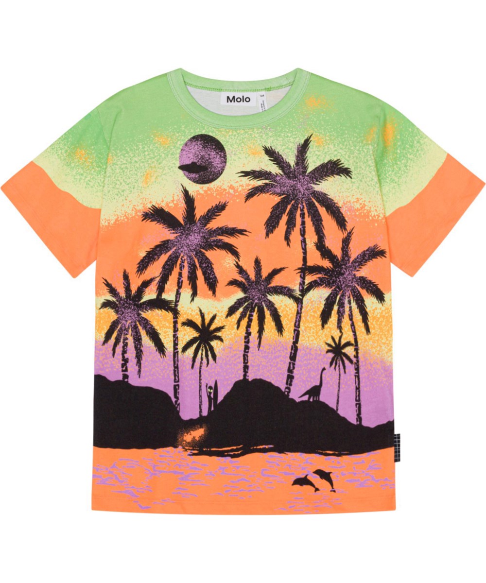 Riley - Alien Island - Grün-orange-lila Öko-T-Shirt mit Hawaii- und Alien-Aufdruck